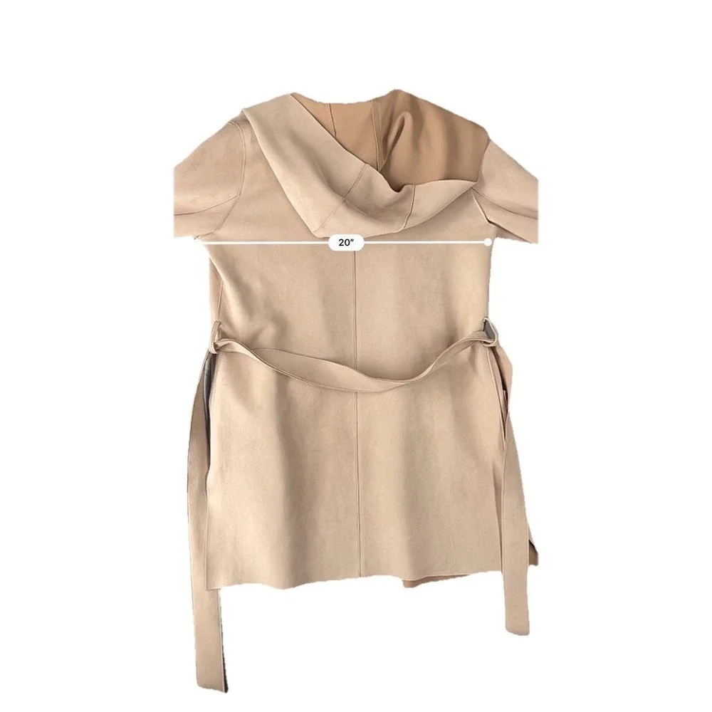 Zara Coat Women's‎ Faux Suede Trench Cream Beige Belted Mid Length Hooded Sz S